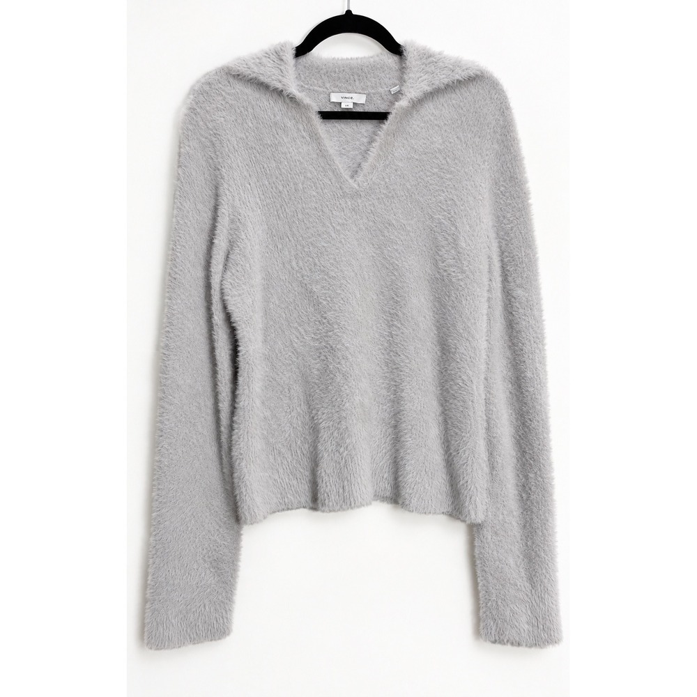 Vince Grey Eyelash Knit V-Neck Collared Sweater Size Large Fuzzy Long Sleeve